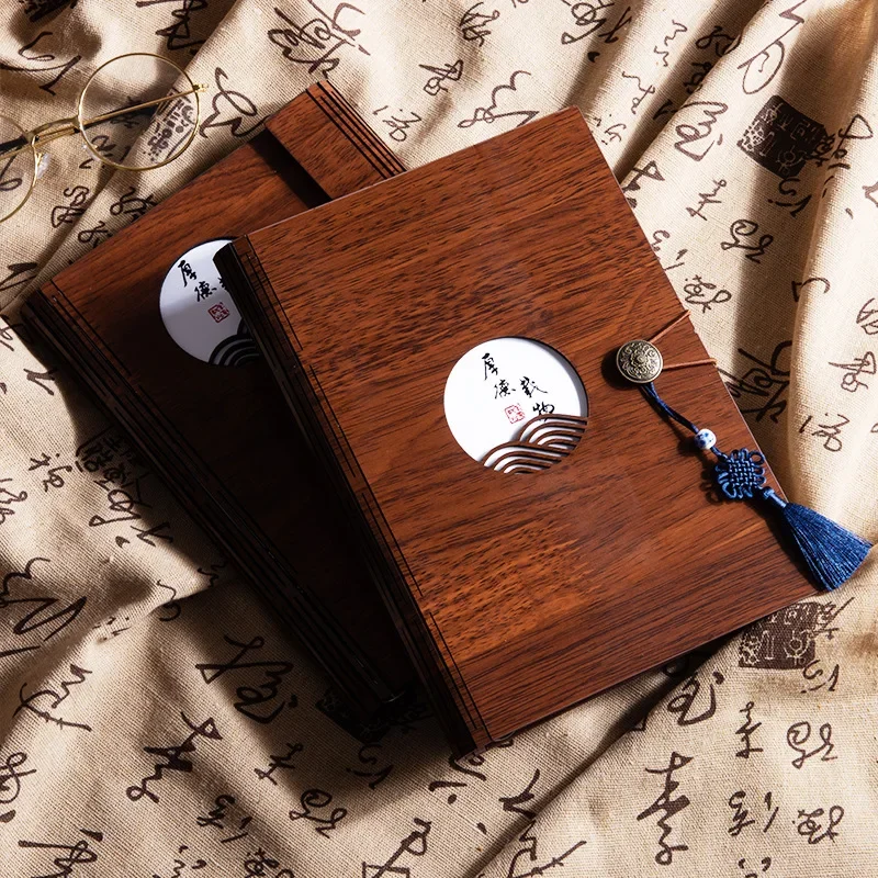 Notepad retro wooden notebook set, creative gift business custom logo Chinese style loose-leaf book a5 weekly diary