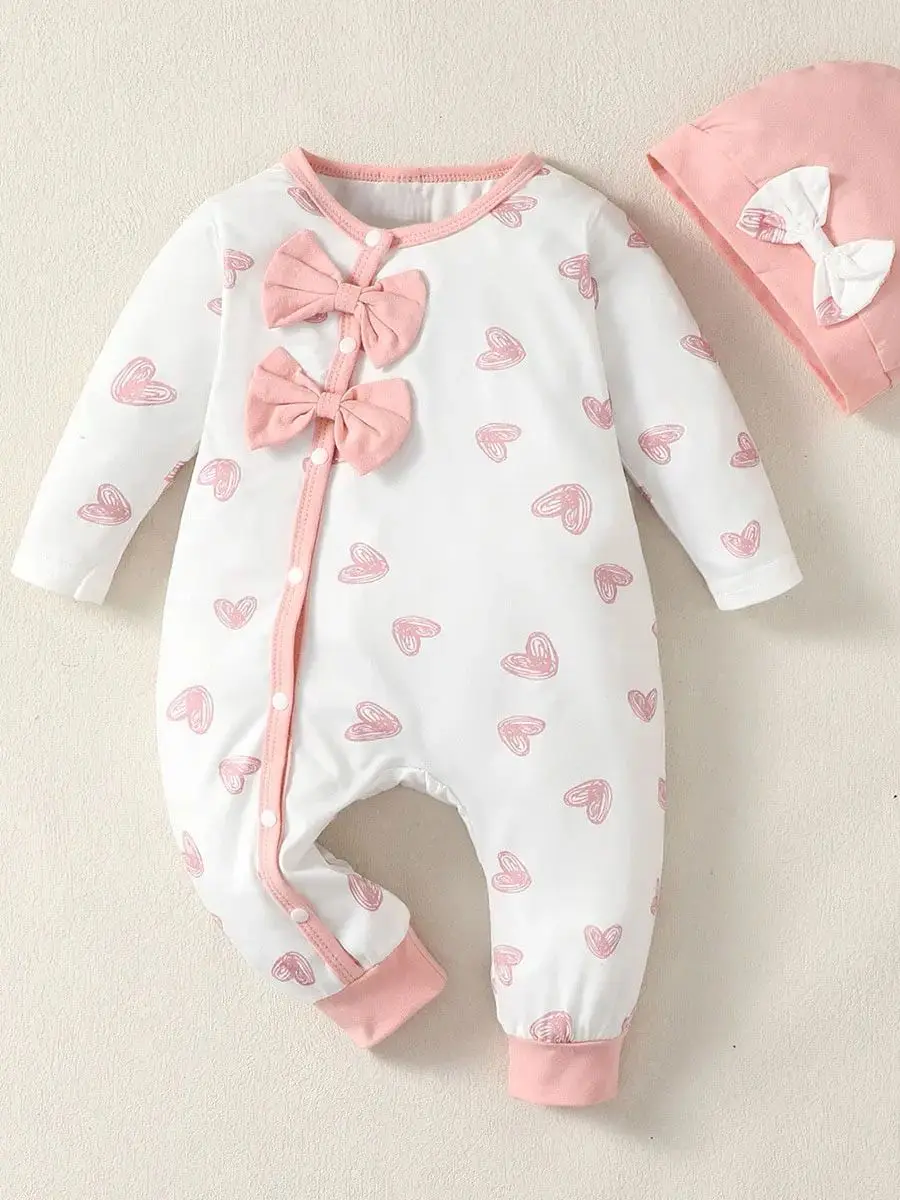 0-2 Year Old Newborn Baby Gilr Spring and Autumn Round Neck Bow Long Sleeve Love Printed Pants jumpsuit