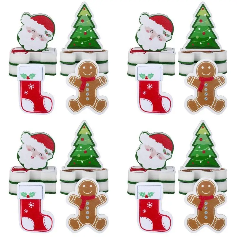 A85M 32 قطعة عيد الميلاد الإسفنج المطبخ المزدوج الوجهين طبق الإسفنج لغسل الأطباق سانتا شجرة عيد الميلاد الزنجبيل رجل