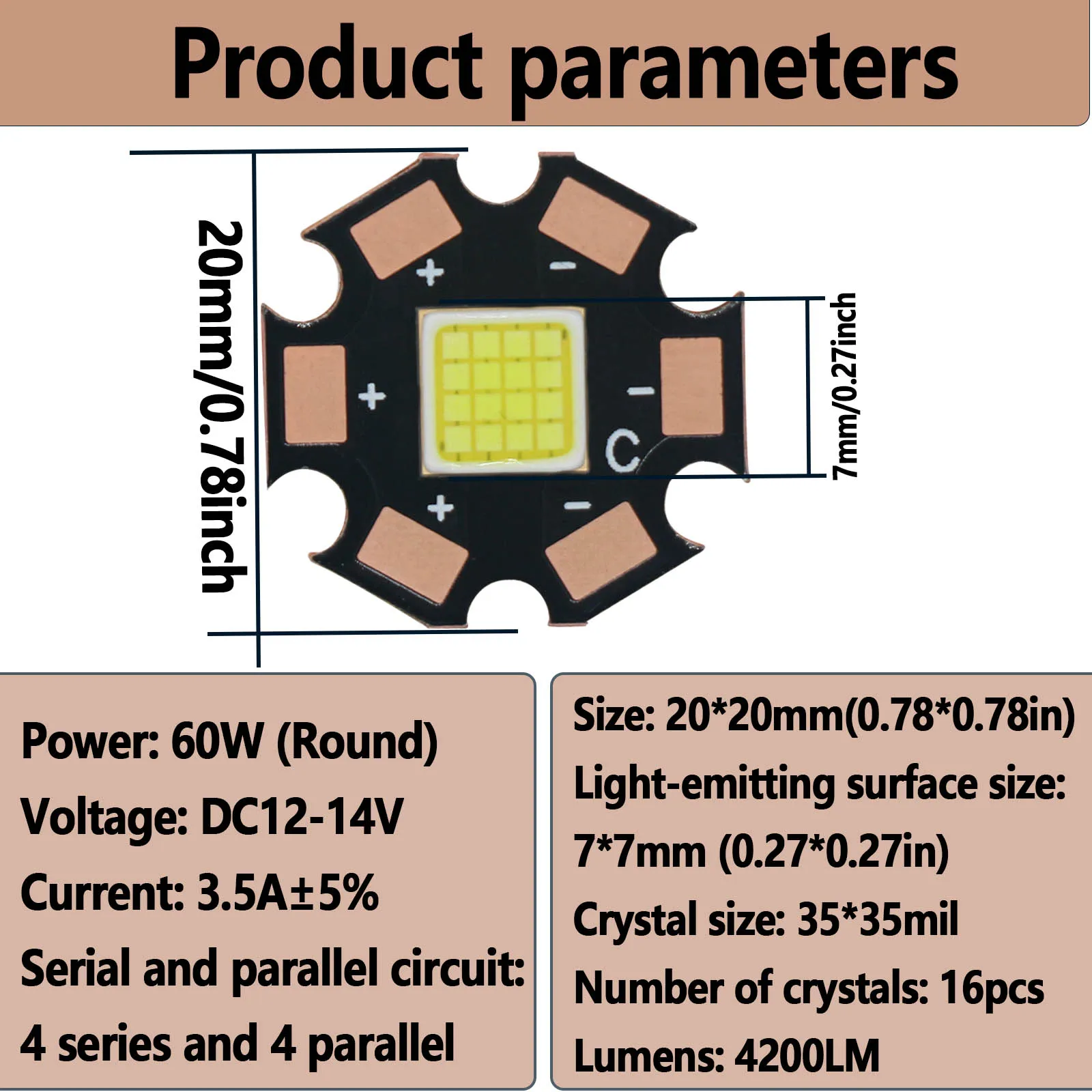 LED Beads 60W DC12-14V Copper 3.5A 4.5A  LED Chip Lamp4200LM For Warm Color Accessories Lights Motorcycle Lights Battery Lights