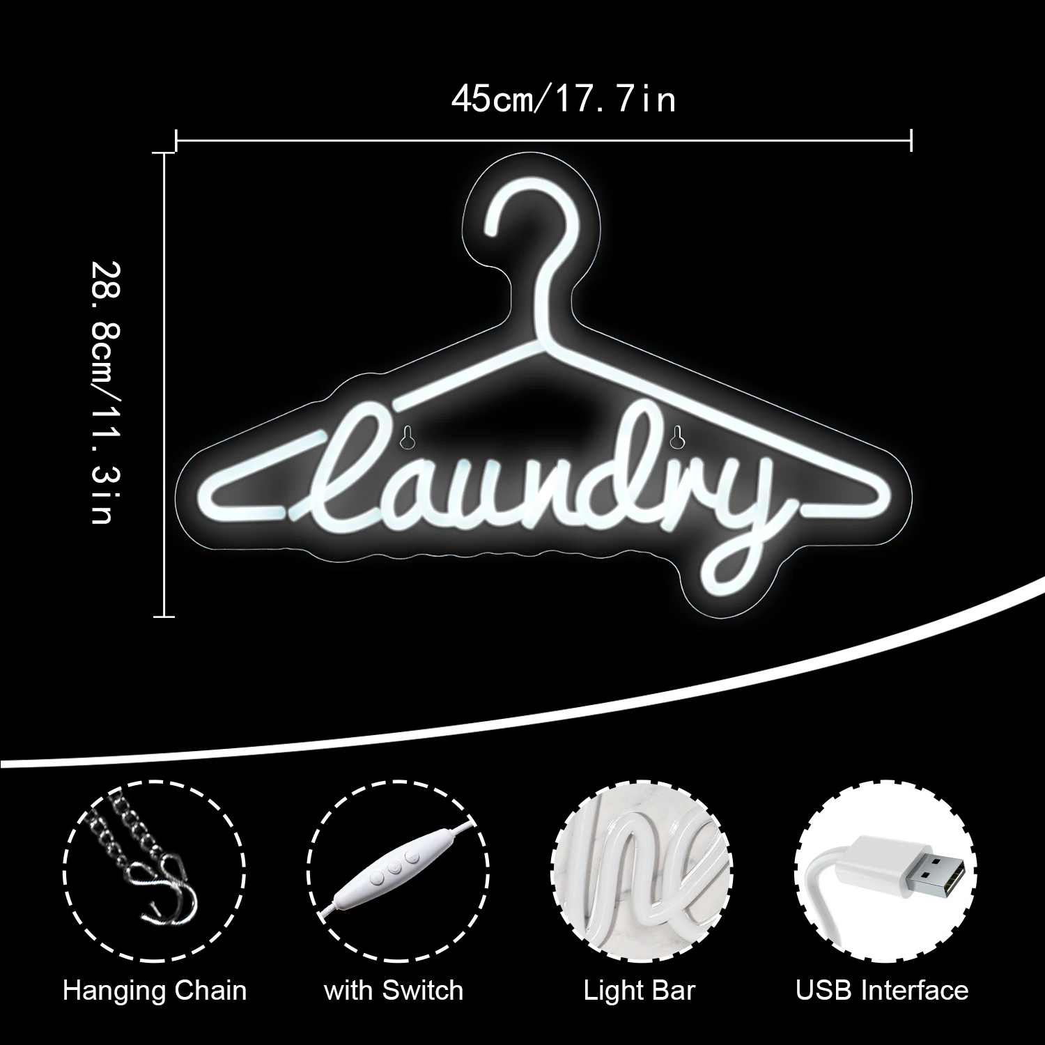 USB Powered Laundry Neon Sign, Luz LED, Luz de néon regulável, Decoração de parede para lavar roupa, Shop Sign Lamp with Switch