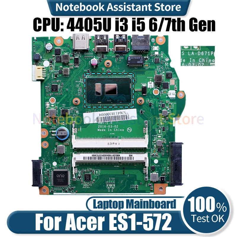 

For ACER ES1-572 Laptop Mainboard LA-D671P NBGD01100 NBGD011002 NBGD011009 NBGD01100 4405U i3 i5 i7 6th Gen Notebook Motherboard