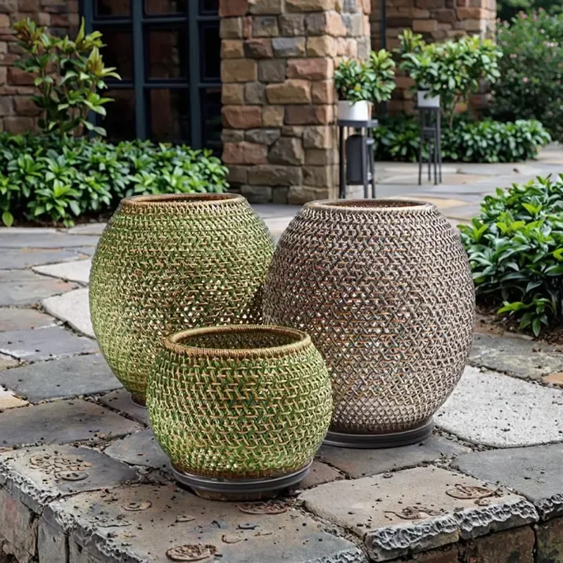 Modern Mid Century Round Rattan Wicker Flower Pot Indoor Outdoor Hotel Use Powder Coated for Floor Garden Sets