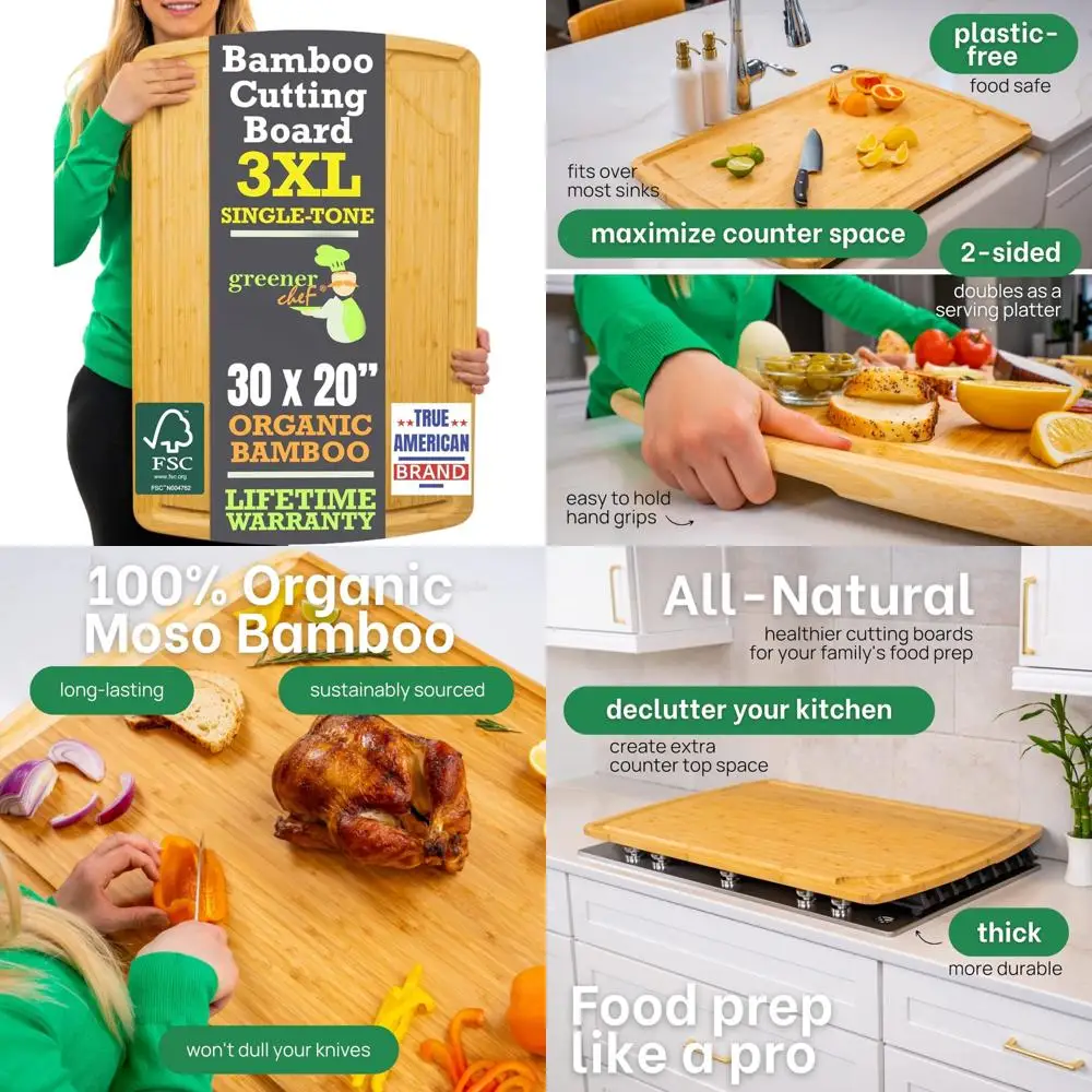 

Extra Large 30 Inch Bamboo Cutting Board with Lifetime Replacements - Oversized Stove Top Cover and Noodle Board