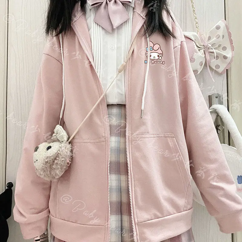 Sanrio Hallo Kitty Reiß verschluss Hoodie Mantel Y2k Melodie Cinna moroll Sweat Shirt Kawaii Freizeit kleidung lose Strickjacke Kapuze Frauen Mantel