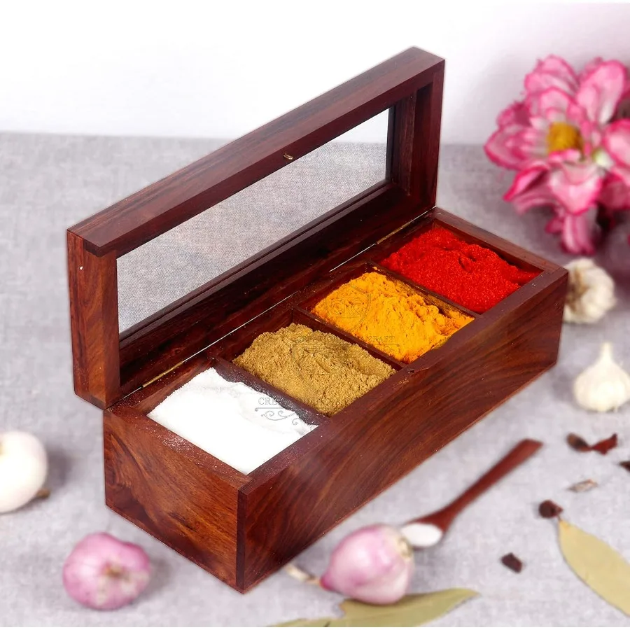 Caja de especias de madera, contenedor Masala para almacenamiento en la cocina, estuche decorativo multiusos para condimentos, hecho de palisandro indio, Ideal f