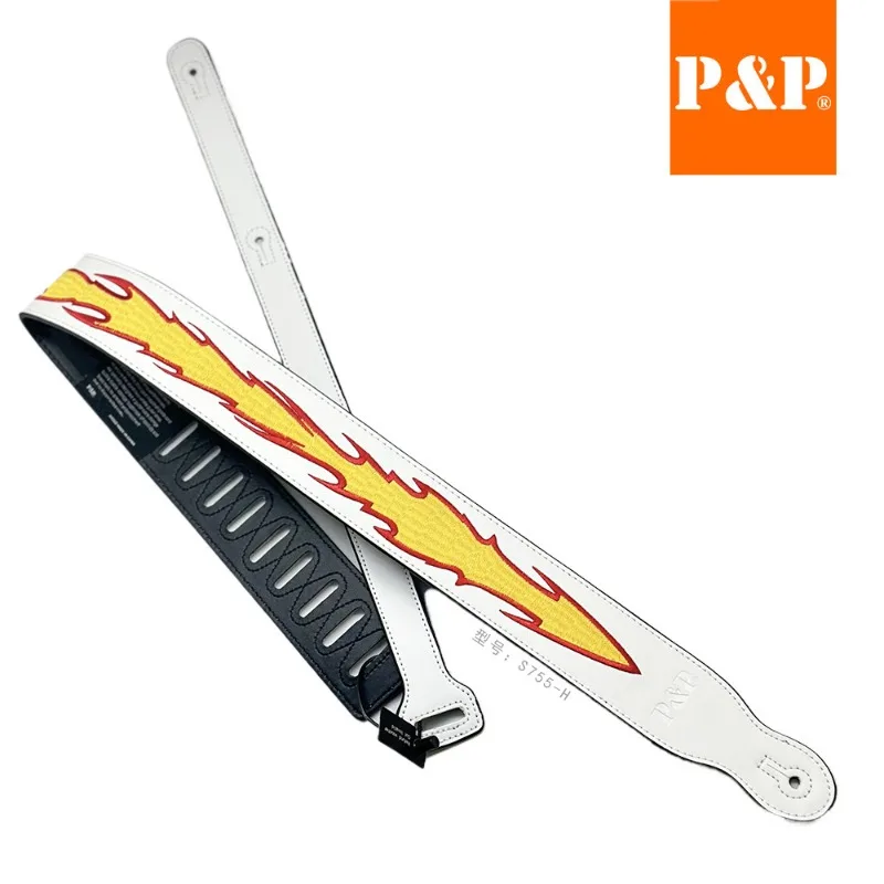 Guitar Strap P&P Spot Flame Genuine Leather White Black Green Rose Red Yellow Electric Guitar 2023