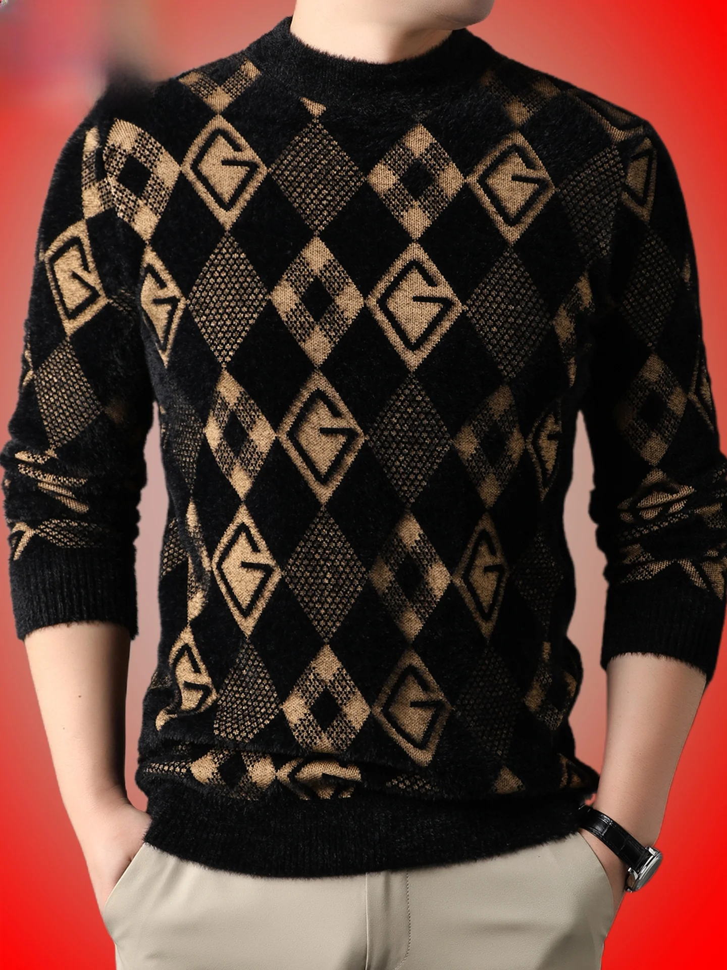 

Мужской зимний утепленный шерстяной свитер: модный повседневный городской стиль, высокий воротник, на флисовой подкладке, из норкового бархата, теплый базовый слой