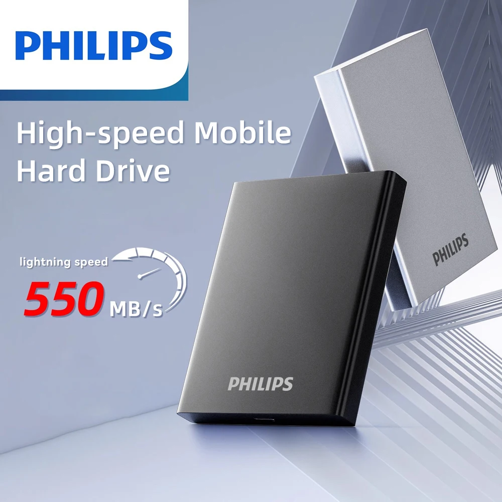필립스 휴대용 SSD, 1TB 외장형 솔리드 스테이트 드라이브, 최대 속도 550MB/s, USB 3.2 Gen 2, 게임 및 학생용 안정적인 저장 장치