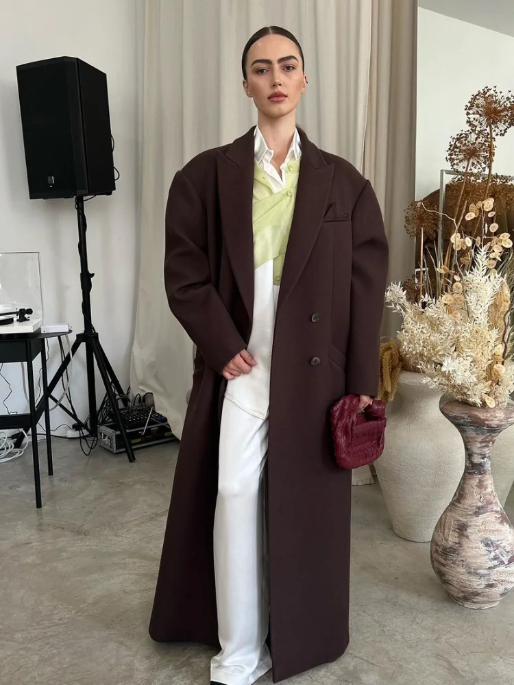 

Women Wide Shoulder Overcoat Fashion Chic Lapel Long Sleeve Double Breasted Loose Coat 2025 Autumn High Street Outerwear Jacket