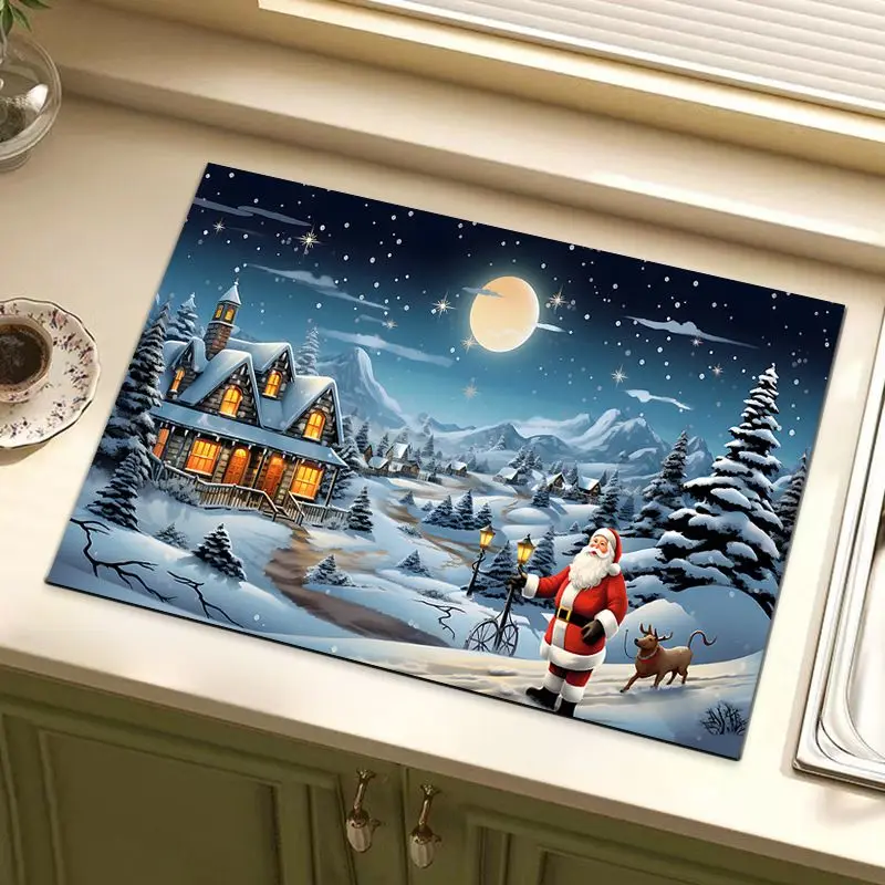 Christmas Winter Snow Scene Dish Rack Mat Coffee Maker Absorbent Quick-Dry Non-Slip Kitchen Countertop Home Decor Holiday