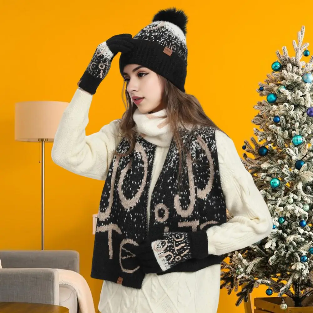 

3 Pcs/Set Christmas Hat Scarf Glove Set Thick Knitted Jacquard Warm Cap Gloves Neck Wrap Set New Yaer Gift For Winter