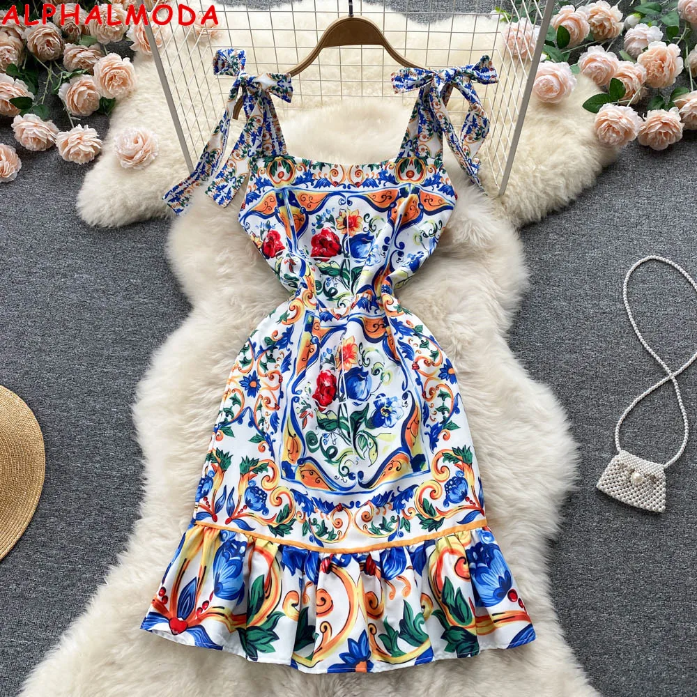 

ALPHALMODA 2023 Summer New Celebrity Style Blue White Porcelain Print Bow Tie Strap Women Cute Tank Dress