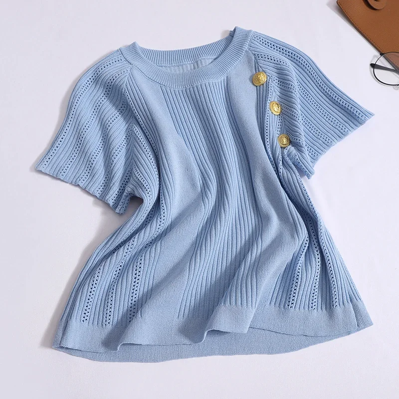 Women Spring Fashion O-neck Set Short Sleeved T-shirt Metal Button Elastic Band Knee Length Skirt Vintage Two-piece Set Summer