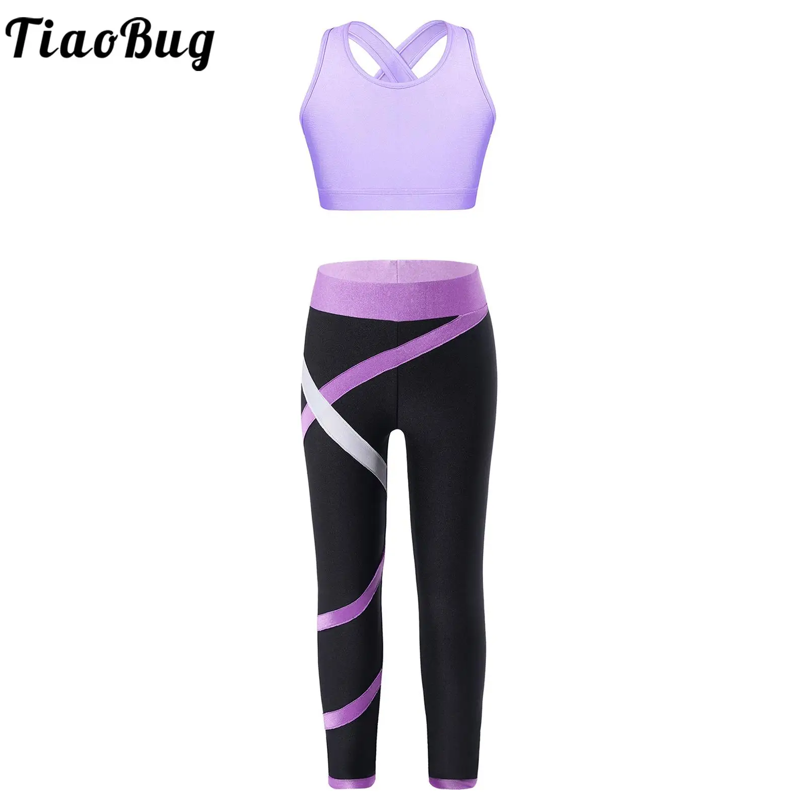 

Kids Girls Sports Suits Sleeveless U Neck Keyhole Back Crop Top with Colorblock Leggings Set for Gym Yoga Figure Skating Workout