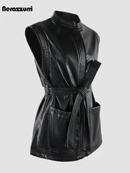 Nerazzurri Autumn Black Soft Pu Leather Vest Women Sashes Pockets Stand Collar Luxury Chic Sleeveless Jacket 2023