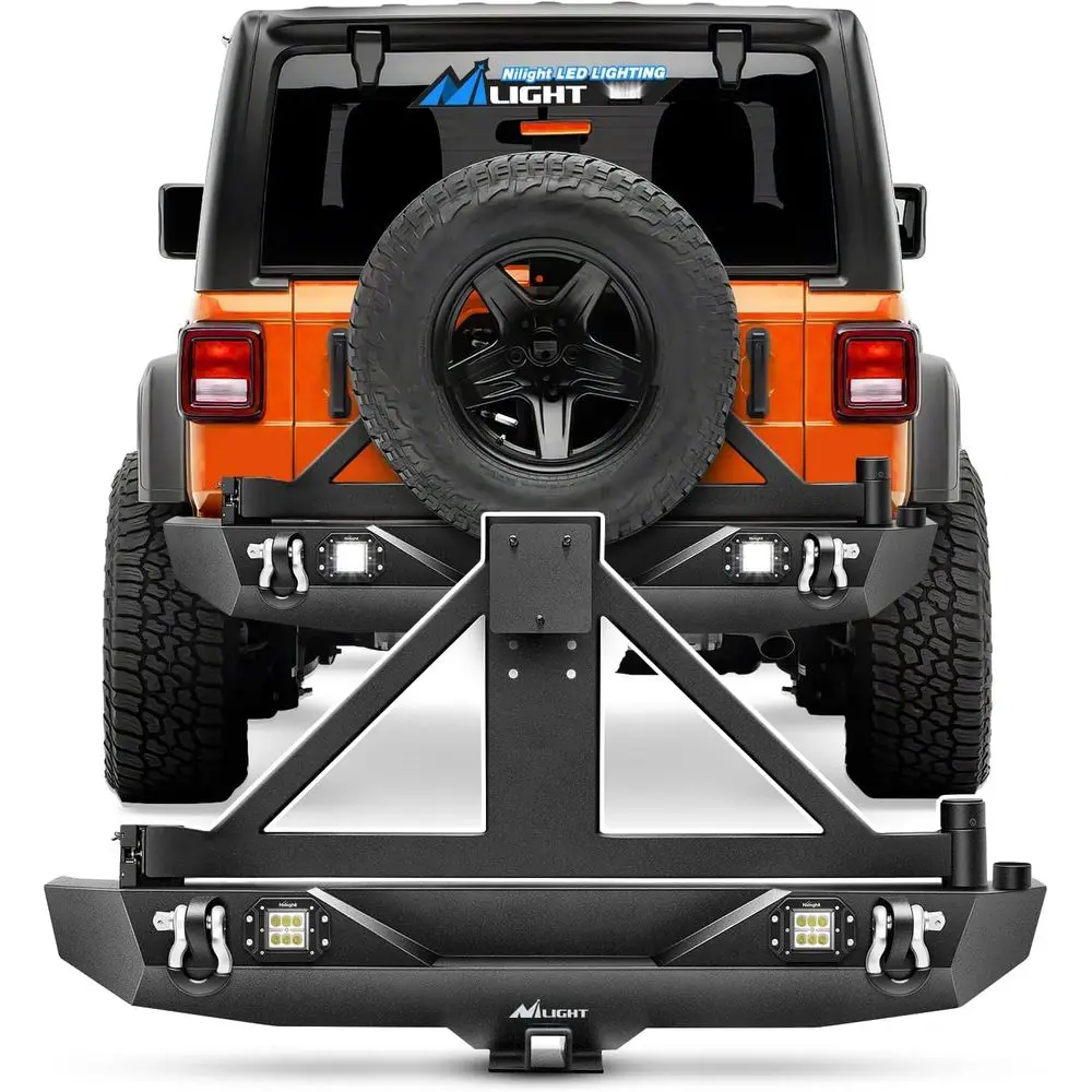 Rear Bumper, Spare Tire Mount, and Hitch Receiver with 2 LED Lights for 2007-2018 JK Models