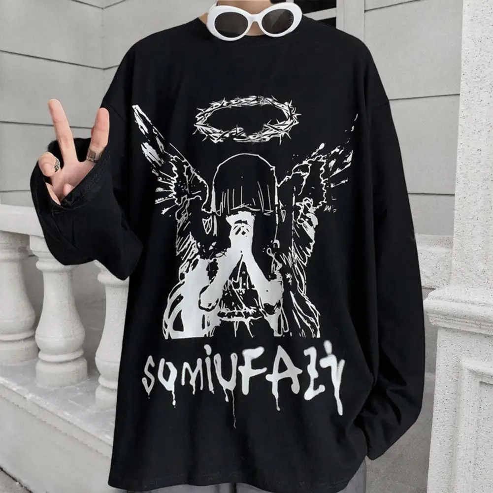 Men T-shirt Gothic Vintage Print Loose Fit Long Sleeve Round Neck Pullover Streetwear Soft Fabric Male Tee Top Bottoming Blouse