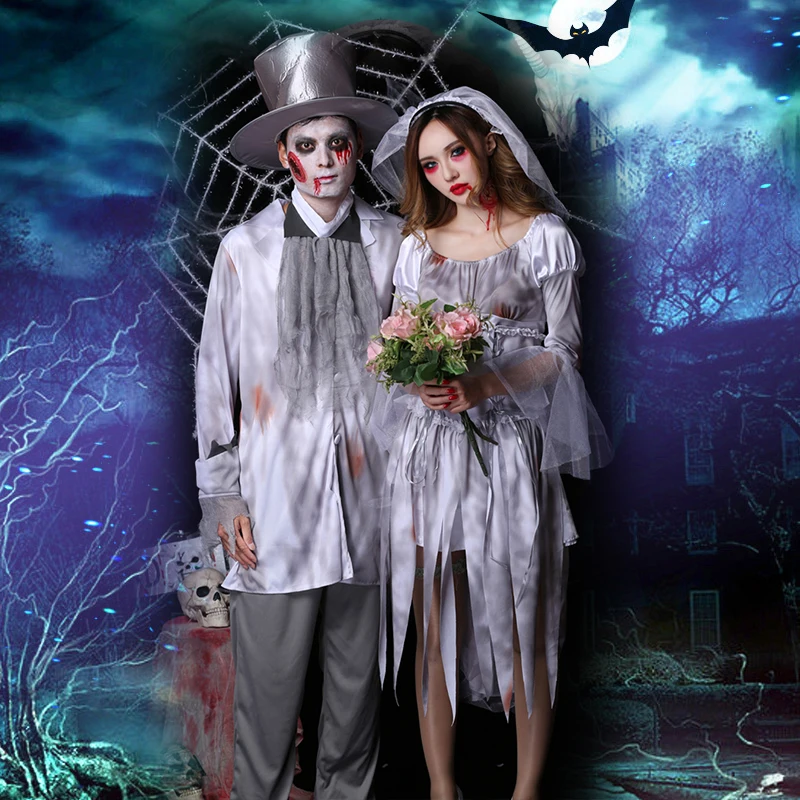 

loween Zombie Couple Costume Role-plang Cosplay Ghost Brideom Adult Wedding Dr Polyester Fiber 00% Stage Costume