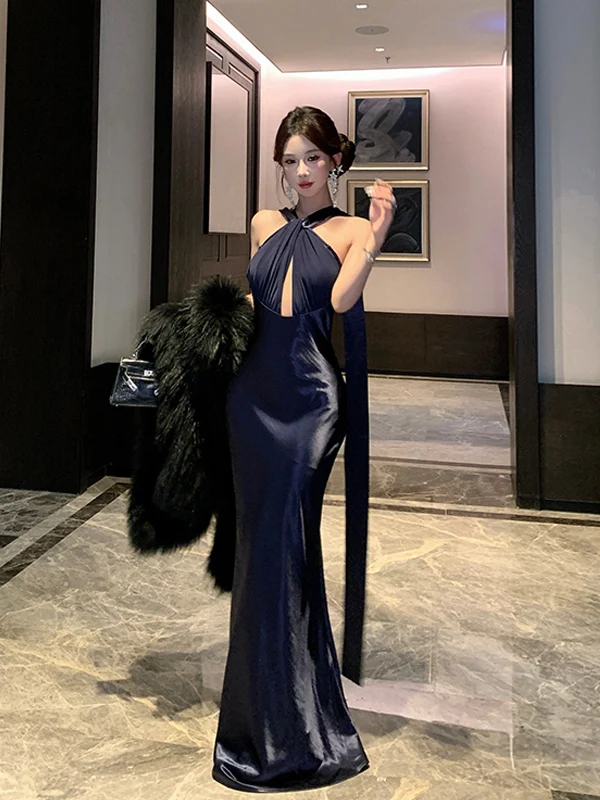 Ele Evening Light Dr Ne Hanging Bal Birthday Par Slimming Long Skirt French Sle Pure Color Waist a