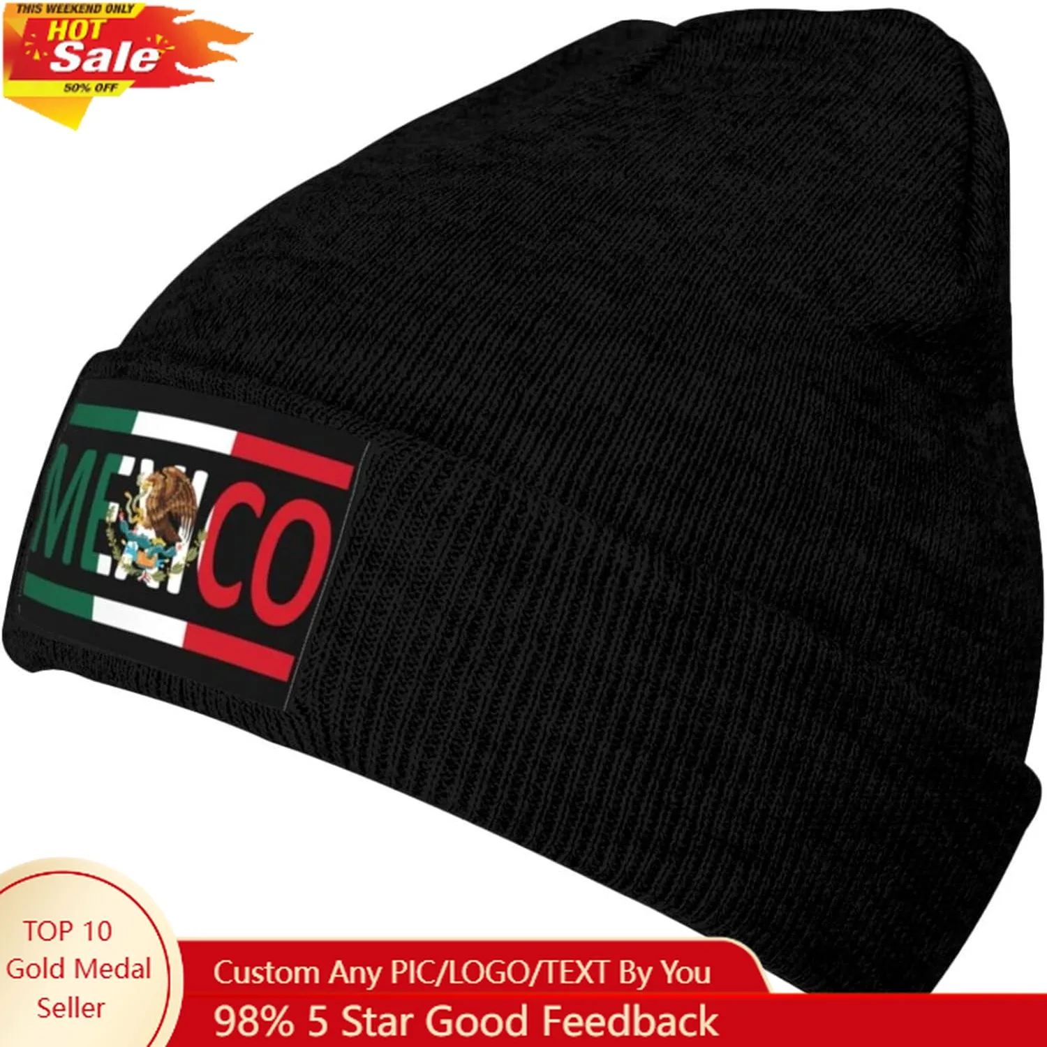 

Mexican Flag Knit Beanie Winter Hats for Men and Women Knitted Cuffed Skull Cap Acrylic Daily Beanie Hat