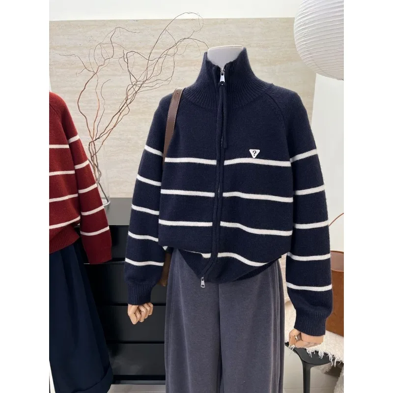 

Осенне-зимний кардиган на молнии, женский полосатый свитер, женское универсальное свободное пальто, топ с длинными рукавами