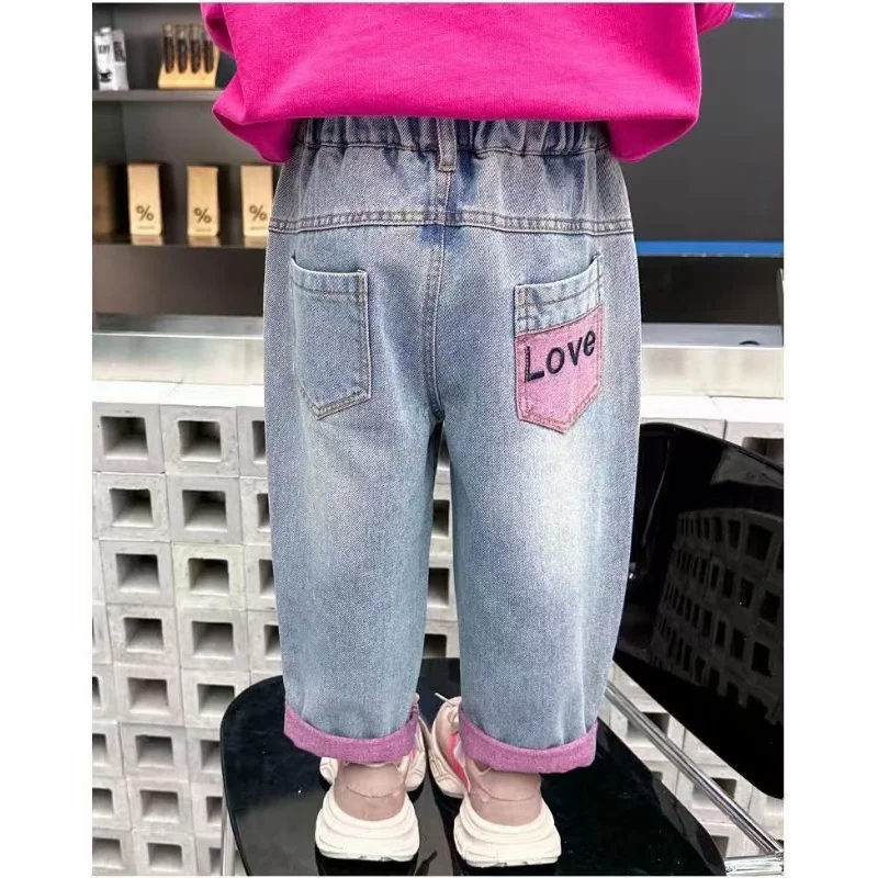 

Girls Ripped Jeans Spring Autumn New Children Aging Denim Pants Fashion 2-8Y Kid's Straight Pants Cute Letter Trouser