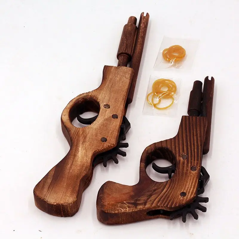 Outdoor Wooden Guns Playing Leather Handmade Guns Small Double Barrel Wooden Guns Wooden Pistols Children's Traditional Toys