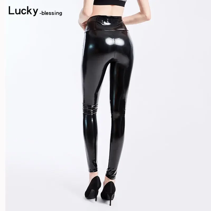 Leggings de cuero brillante de colores para mujer, pantalones de lápiz de PU elásticos reflectantes de espejo negro, cintura alta, delgados, Sexy,