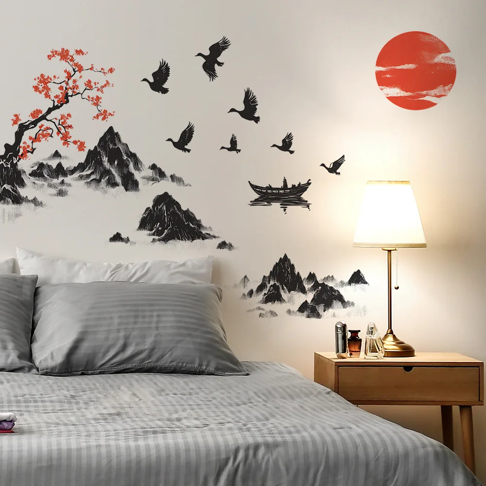 Gaya Cina Lukisan Pemandangan Stiker Dinding Ruang Tamu Sofa Latar Belakang Dekorasi Lukisan Dinding Kamar Tidur Dekorasi Rumah Stiker Yang Dapat Dilepas
