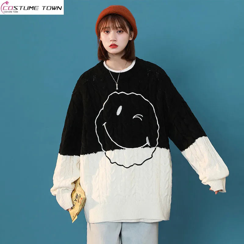 

Smiling Face Sweater Women's Winter Thickened Fashion Knitted Top 2023 Autumn and Winter New Popular Loose Lazy Knitted Shirt