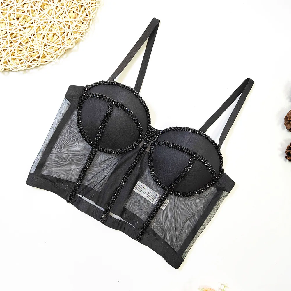 Sexy Beaded Bra Crystal See-tough Fibone Strap Outdoor Wear a Underwear Women's Premium Tube Top Summer 2024