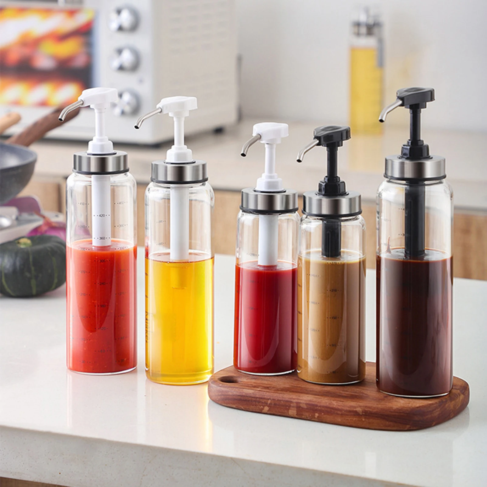 300-500ml Transparent Glass Sauce Bottle Leak-proof Squeeze Bottles with Scale for Ketchup Salad Dressing TH