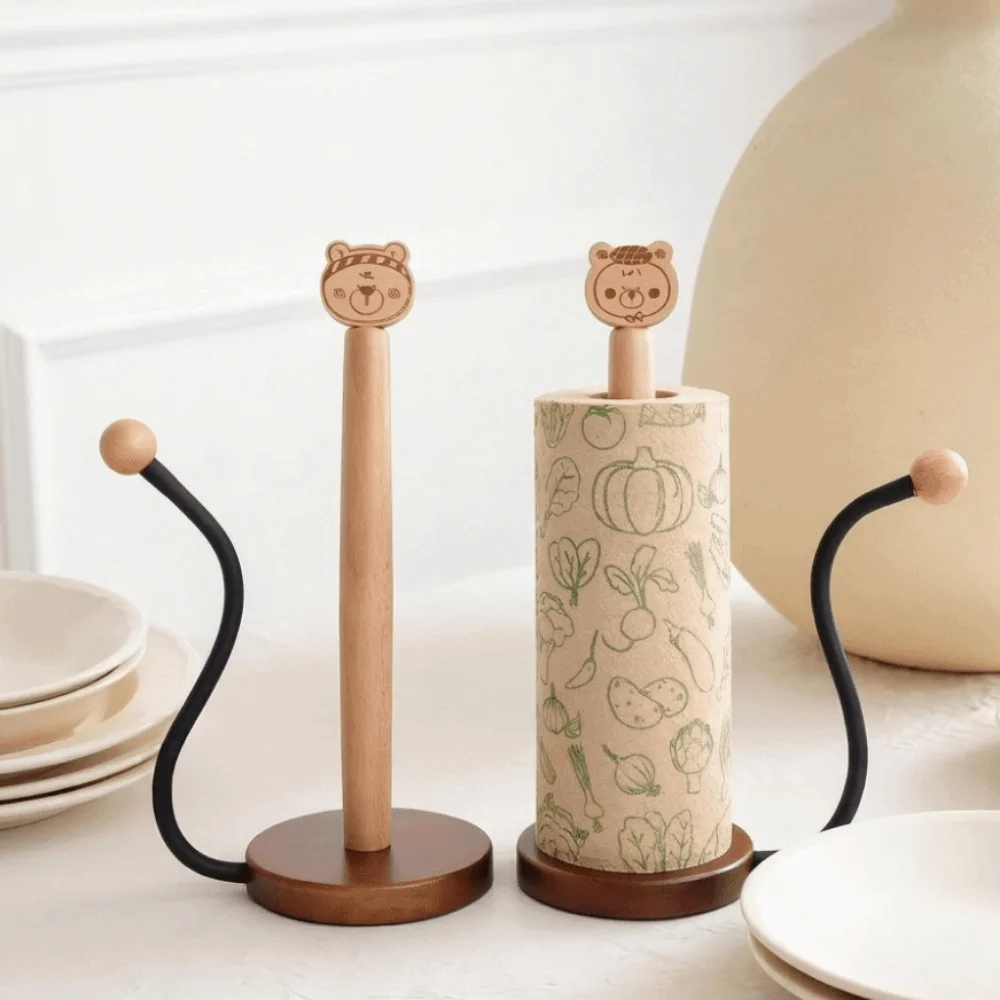 Free Standing Wooden Roll Paper Towel Holder One-handed Tear Decorative Vertical Napkins Rack Cartoon Bear Stable