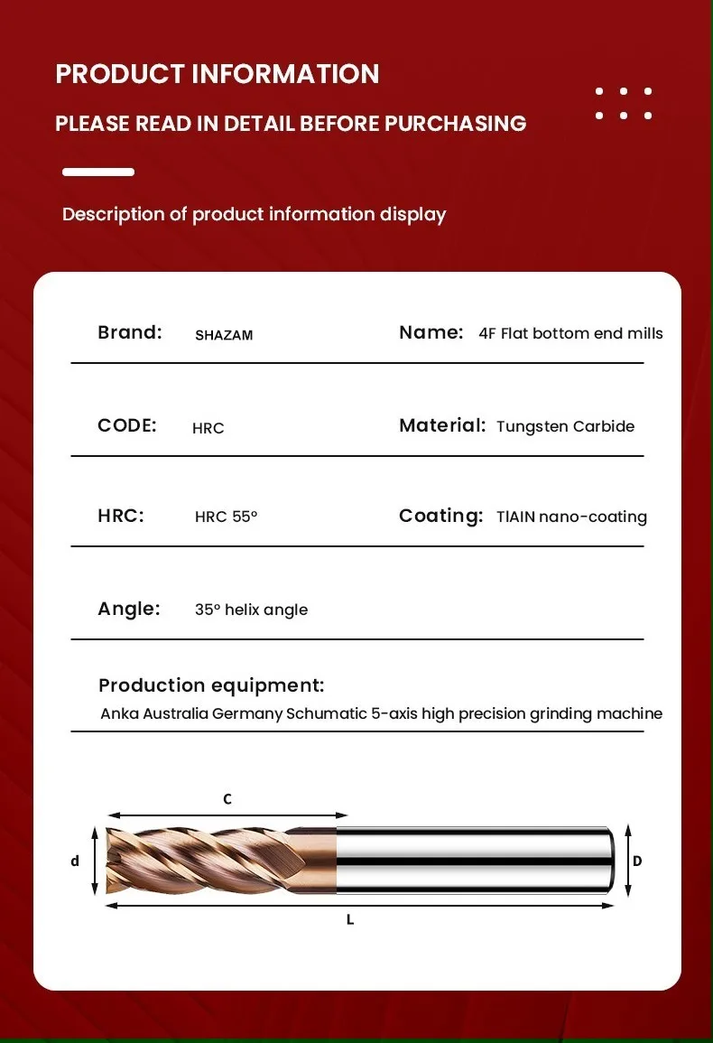 Fräser mit Legierungsbeschichtung, Wolframstahl-Werkzeug, CNC-Bearbeitung, HRC55 Schaftfräser, SHAZAM Fräser, Maschinenwerkzeuge 11 – Detail 14