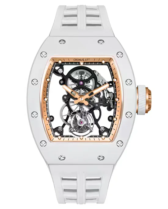 CRONUSART Men Tourbillon Watch 50mm Tonneau Mechanical Wristwatch Ceramic Case Sapphire Case Skeleton Dial Fluororubber Strap