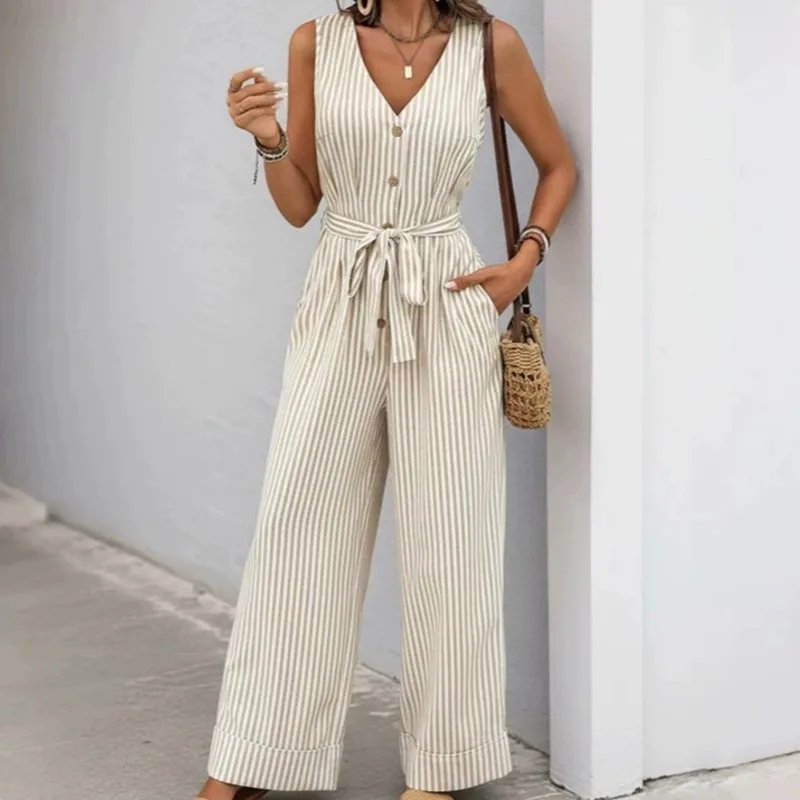 

2026 New Summer Women's Jumpsuit Pants With Striped V-neck And Waist Cinching Straps Slim Fit Fashion Comfortable Small Jumpsuit