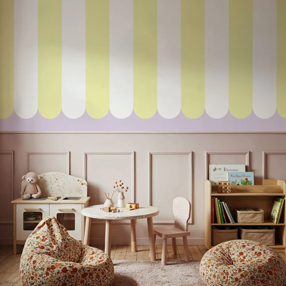 Custom Scalloped Circus Stripes Yellow Wallpaper for Walls Made to Measure Large Wall Mural