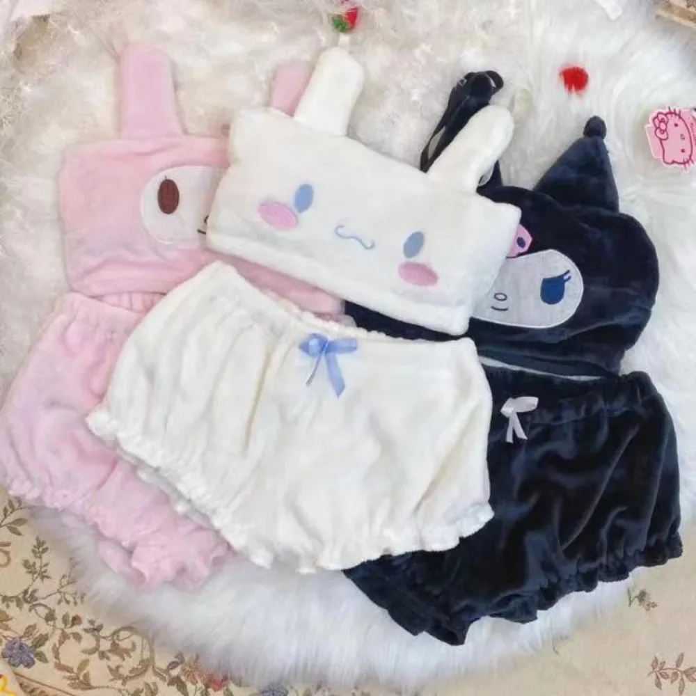 

New Sanrio Kuromi My Melody Cinnamoroll Sexy Pajamas Hot Girls Flannel Cartoon Fluffy Suspender Pajamas Shorts Set Girls Gift