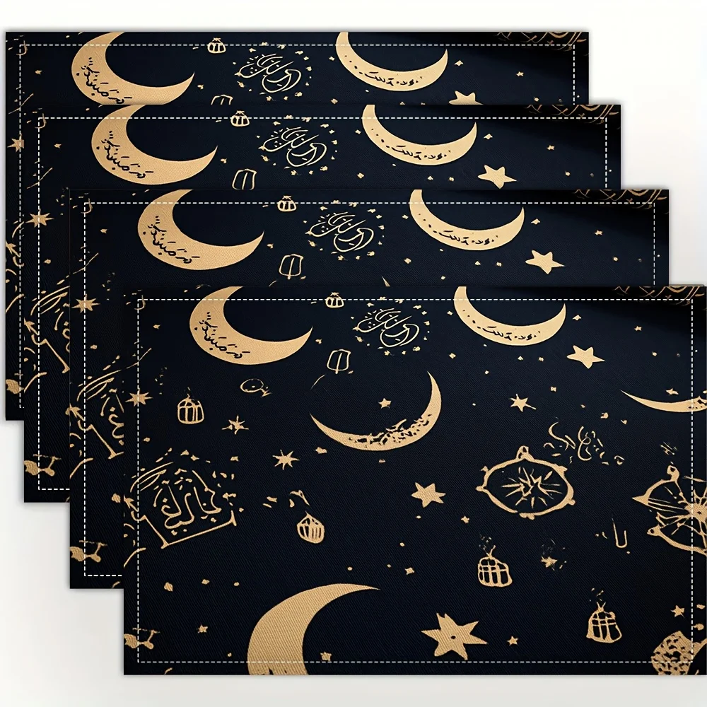 

Набор из 4 предметов: элегантные салфетки для Рамадана — узор в форме полумесяца и звезды, прочный полиэстер, коврики для стола, которые можно стирать в машине для праздничного H
