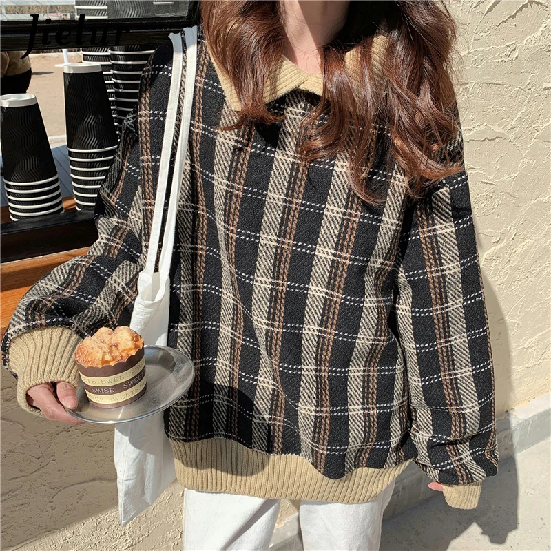 Patchwork Lapel Plaid Hoodies Women Loose Apricot All-match Sweatshirt Winter Black Hooded Pullover Long Sleeve Femme Top