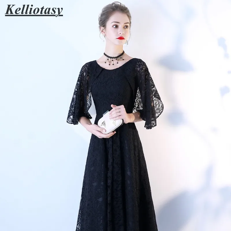 Black Lace Evening Dresses Round Neck Half Sleeves Classical Women Halloween Party Gown