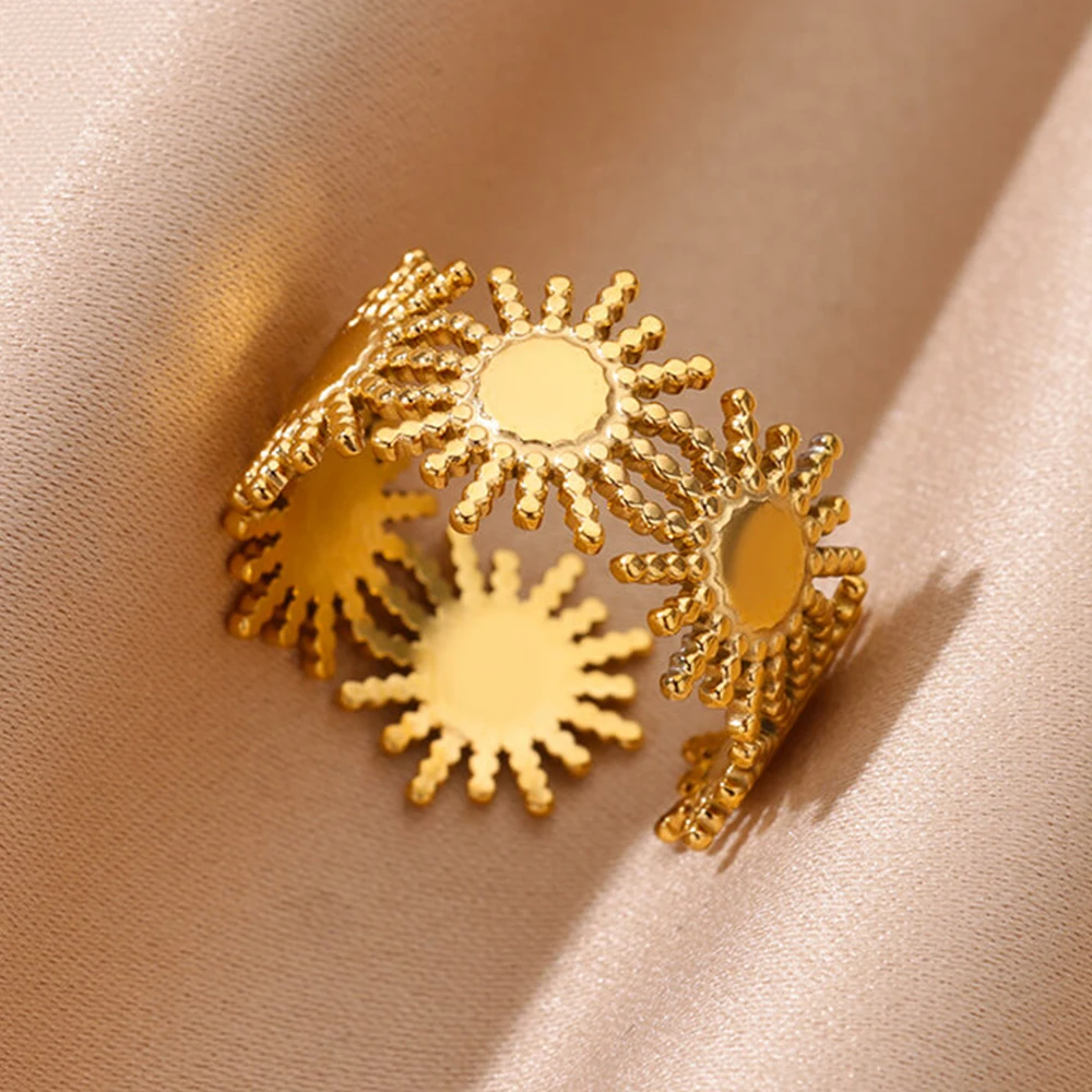Stainless Steel Sun Rings For Women Men Gold Color Open Wide Ring Female Male Wedding Party Finger Jewelry Gift 2024 New Trend