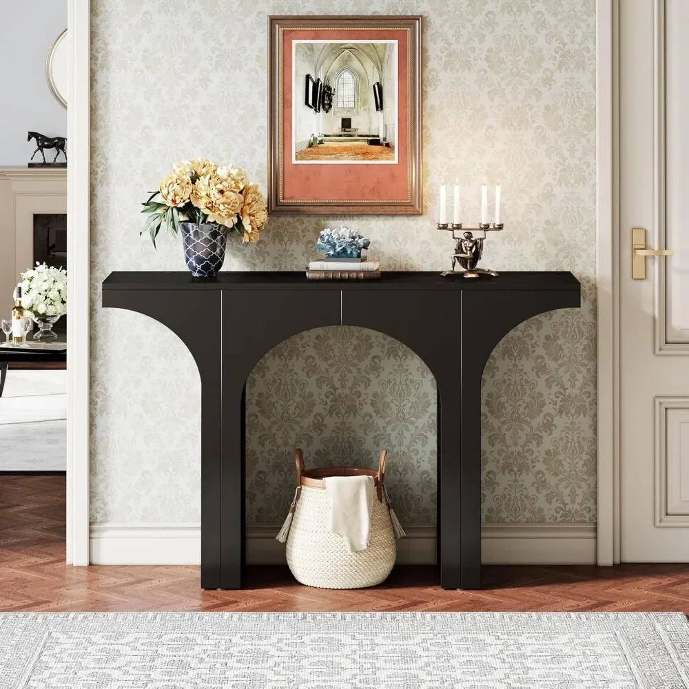 Black Console Table, 47-Inch Entryway Console Table, Wood Sofa Table Behind Couch with Arched Base, Narrow Hallway Table