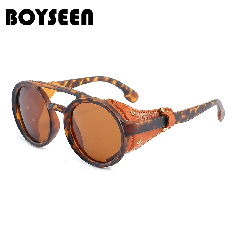 BOYSEEN spolaryzowane gogle motocyklowe z boczną skórą mężczyźni kobiety Punk okulary przeciwsłoneczne w stylu hiphopowym okrągłe okulary przeciwsłoneczne w stylu Vintage soczewki UV400