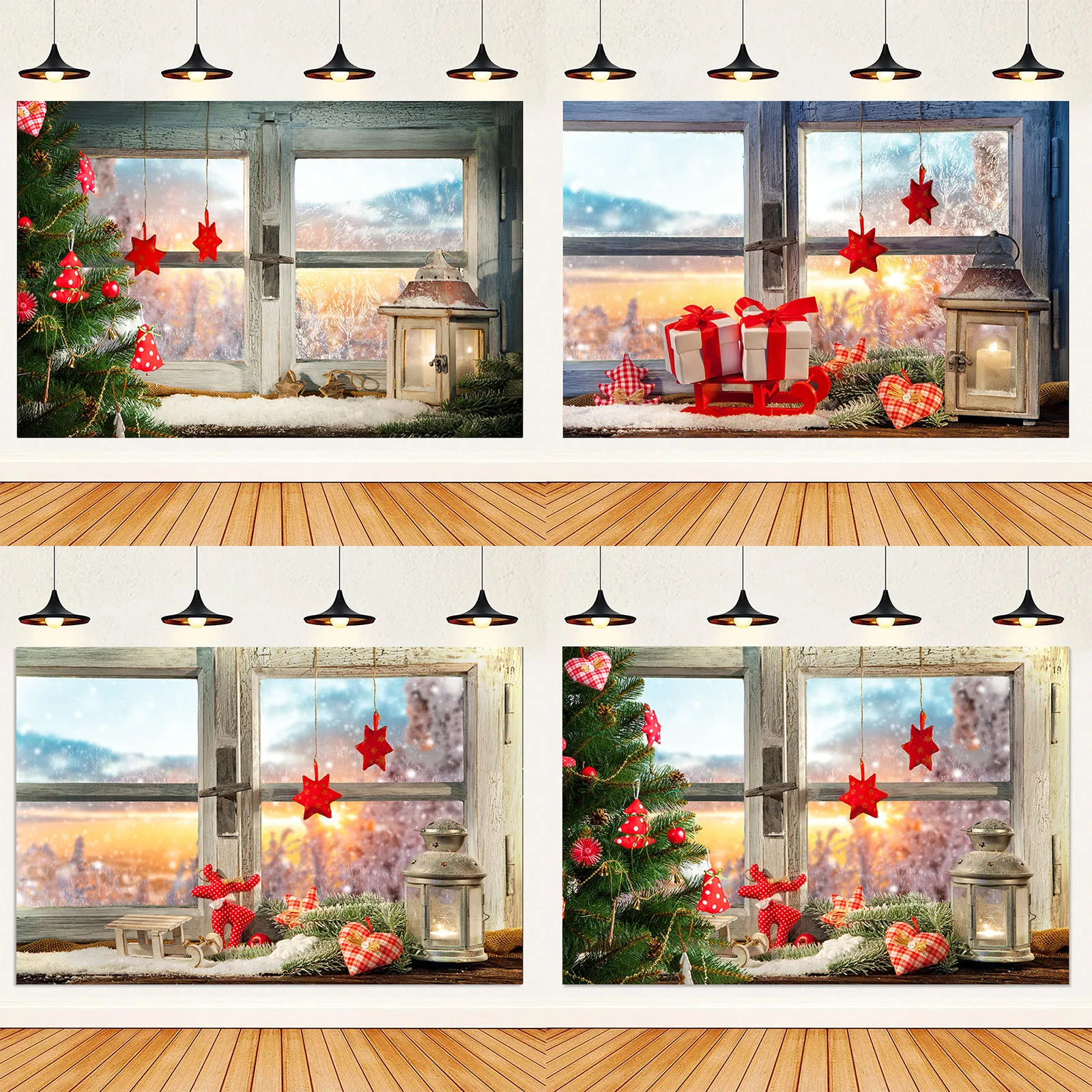 Mottled Wooden Window Snow Backdrop Christmas Tree Gifts Photography Home Wall Decor Polyester Tapestry Background