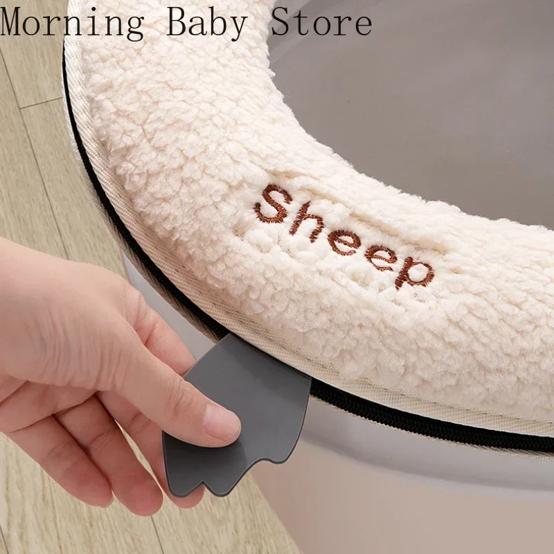 Universal Waterproof Toilet Seat Cover, Zipper WC Mat, Ovelhas Dos Desenhos Animados, Lã de Cordeiro, Acessórios Almofada Do Banheiro