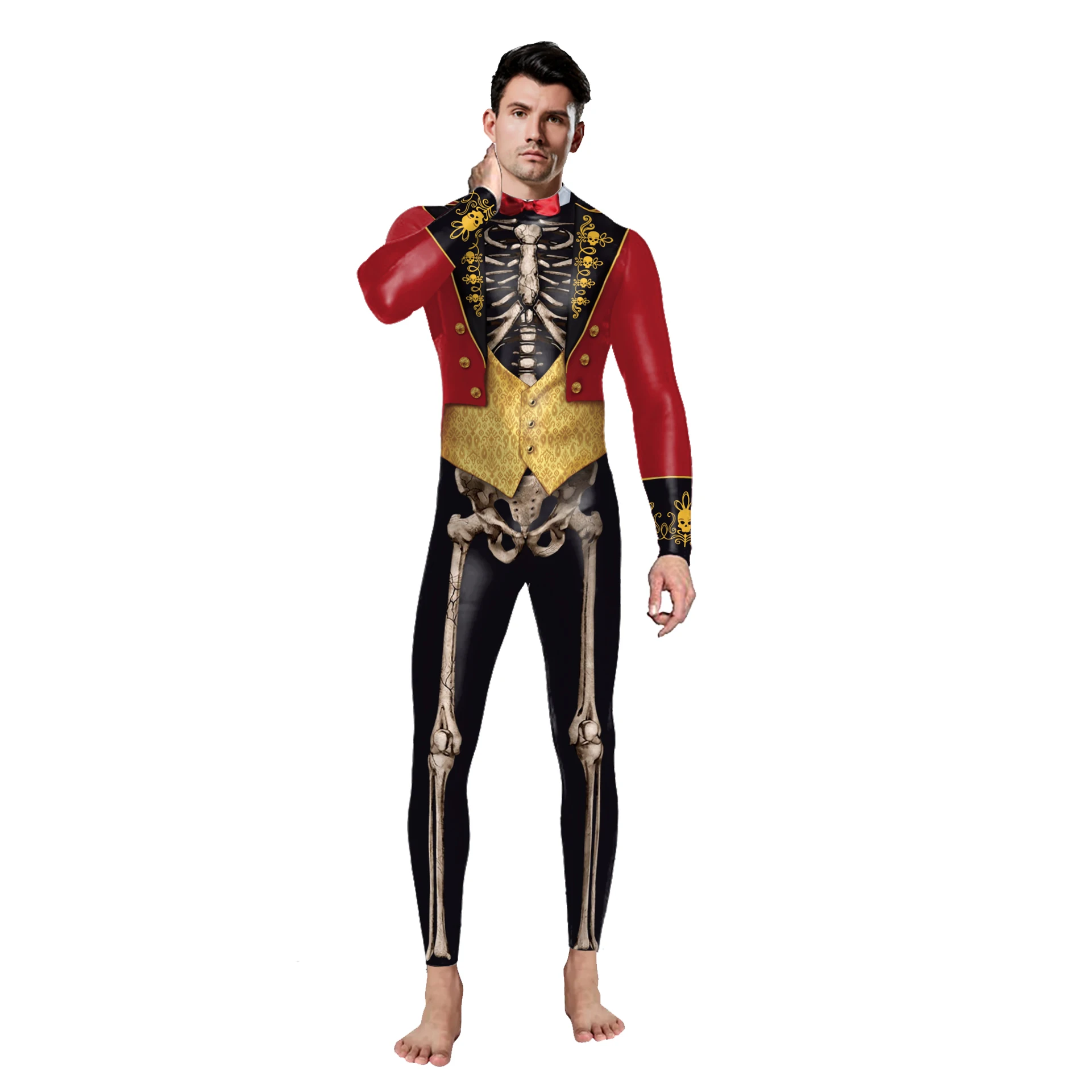 Mono de pareja roja para Halloween, disfraz de mago, mono con patrón de esqueleto, traje Zentai de fiesta, traje del Día de los muertos