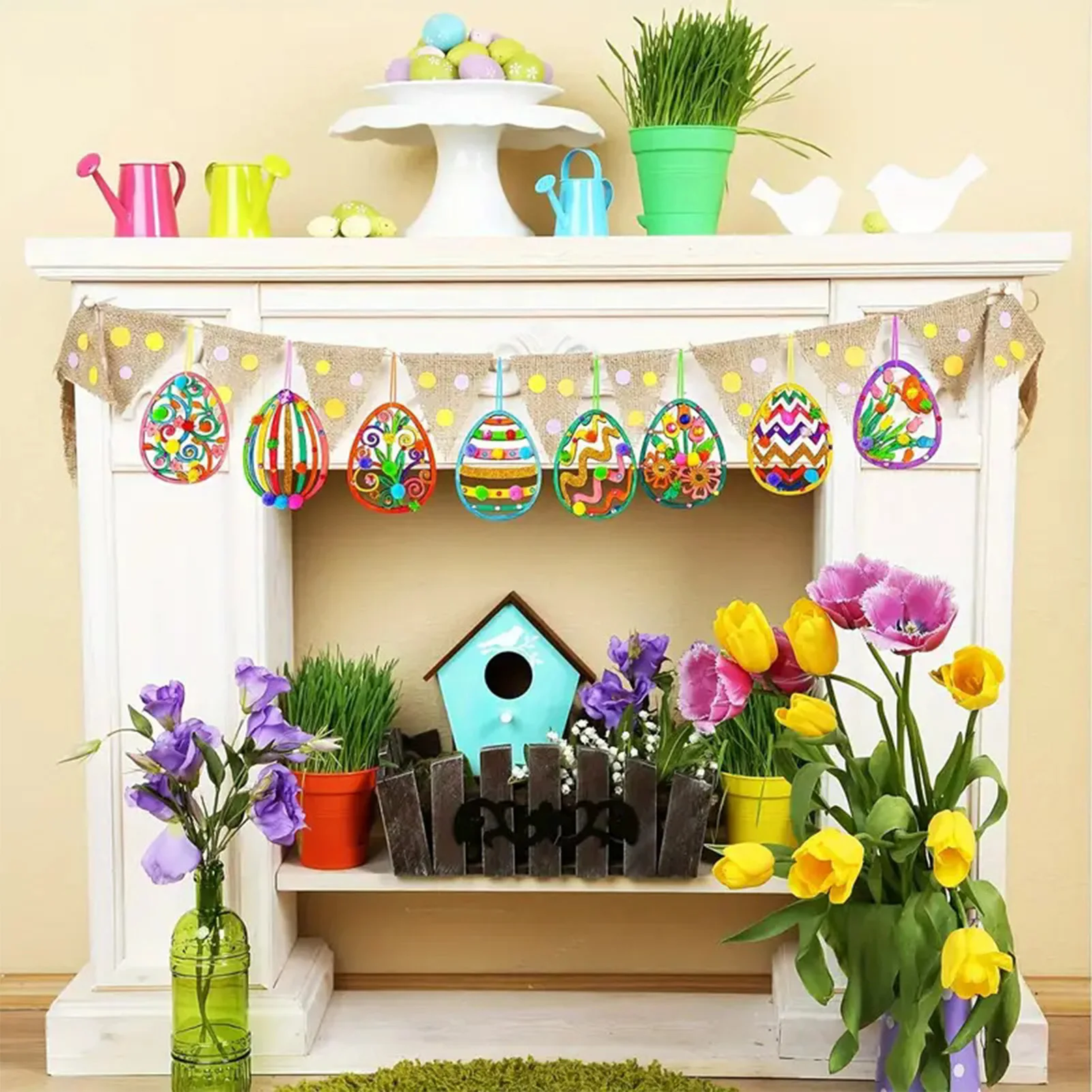 Wooden Easter eggs Hand painted Egg Pendants with Artificial Rhinestone Stickers Paint Brushes for Spring Classroom Home