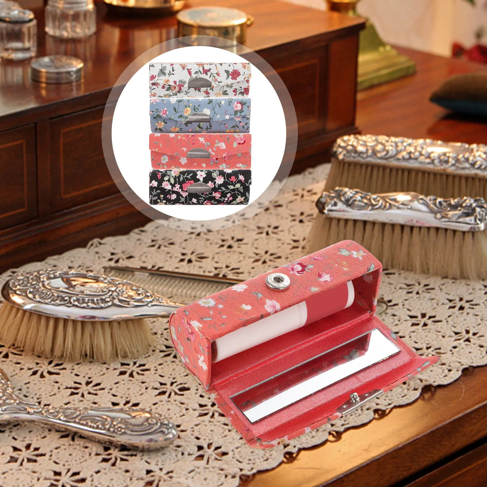 

Набор из 4-х мини-футляров для помады в форме цветка с зеркалом, элегантный чехол для помады из искусственной кожи для женщин, портативный, для путешествий, кемпинга, вечеринок